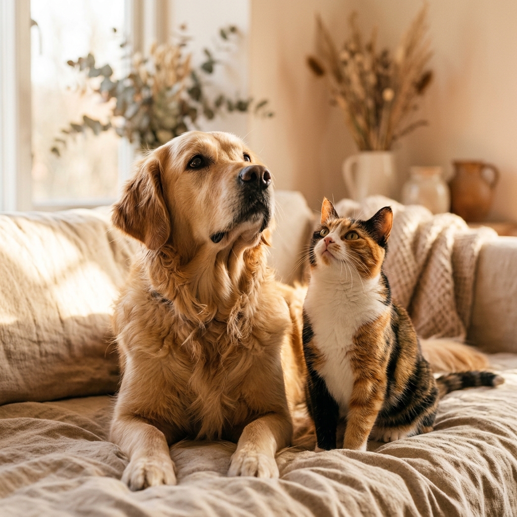 A golden retriever and calico cat together